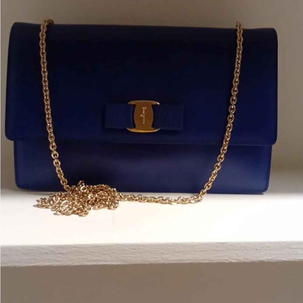 Salvatore Ferragamo Blue and Gold Clutch with Bow Detail - Picture 2 of 5